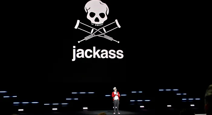 Johnny Knoxville on stage at CinemaCon 2026 to present Jackass: Best and Last (2026)