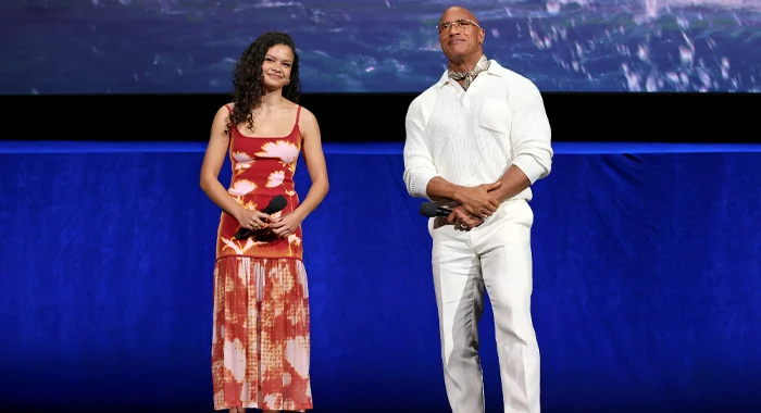 Catherine Laga'aia and Dwayne Johnson on stage at CinemaCon 2026 to promote the live-action Moana (2026)