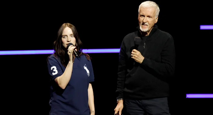 Billie Eilish and James Cameron on stage at CinemaCon 2026 to promote their concert film Billie Eilish: Hit Me Hard and Soft (2026)