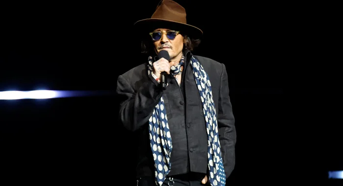 Johnny Depp on stage to promote Ebenezer: A Christmas Carol (2026)