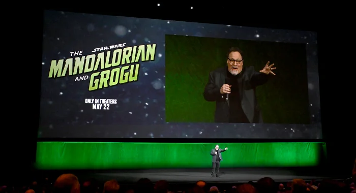 Jon Favreau on stage at CinemaCon 2026 to present The Mandalorian and Grogu (2026)