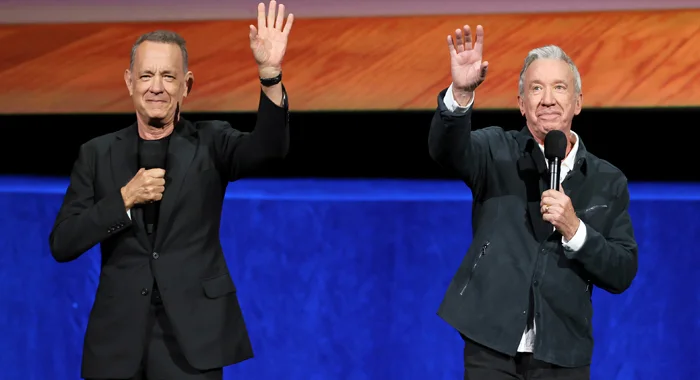 Tom Hanks and Tim Allen on stage at CinemaCon 2026 to promote Toy Story 5 (2026)