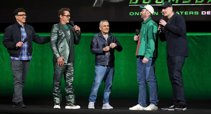 Anthony Russo, Robert Downey Jr. Joe Russo, Chris Evans, and Kevin Feige on stage at CinemaCon 2026 to present Avengers: Doomsday (2026)