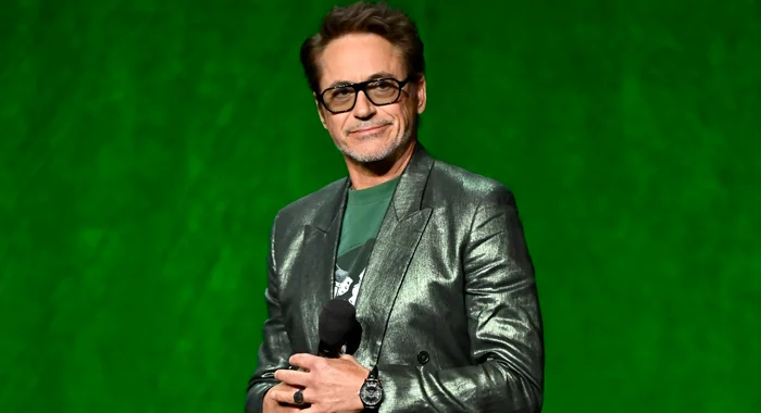 Robert Downey Jr. on stage at CinemaCon 2026 to promote Avengers: Doomsday (2026)