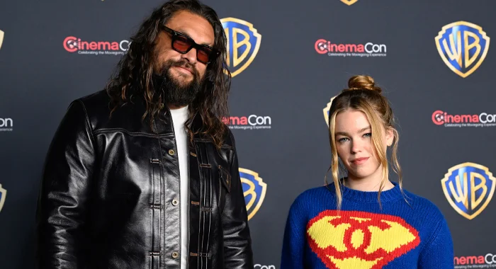 Jason Momoa and Milly Alcock at CinemaCon 2026 to promote Supergirl (2026)