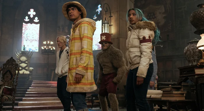 Taz Skylar, Iñaki Godoy, Gavin Gomes, and Charithra Chandran in One Piece: Into the Grand Line (2026)