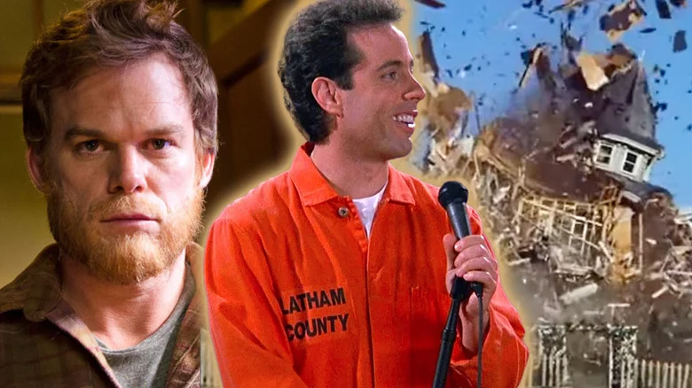 Jerry Seinfeld doing stand-up in prison in Seinfeld, surrounded by Michael C. Hall as Dexter and the Little House on the Prairie exploding