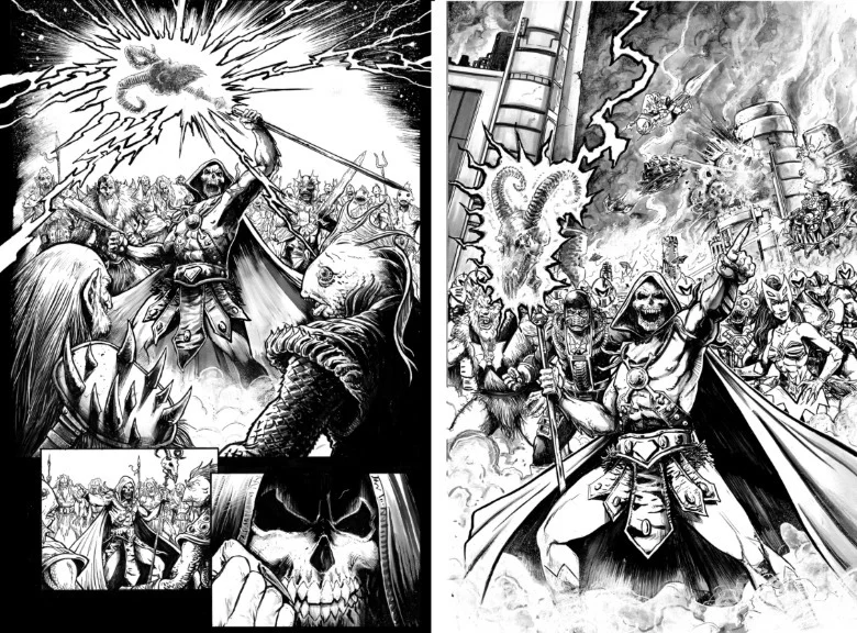 Masters of the Universe: Genesis comic line art showing Skeletor leading his Evil Warriors