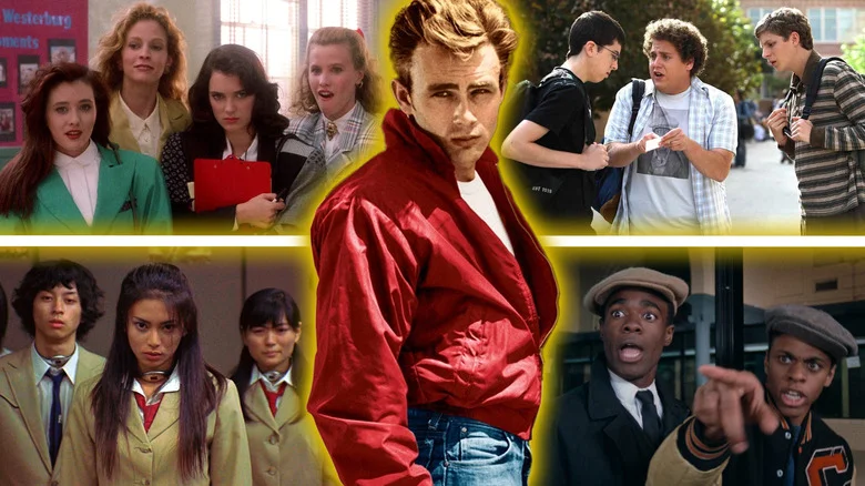 James Dean in Rebel Without a Cause surrounded by shots from Heathers, Superbad, Battle Royale, and Cooley High